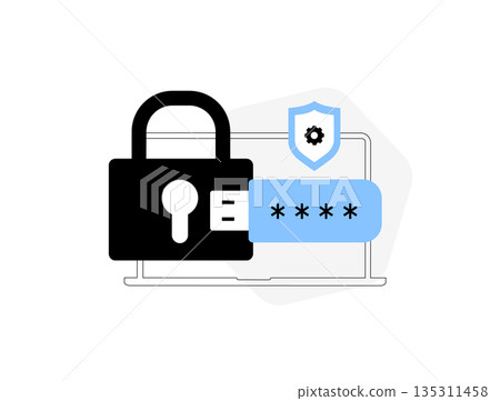 USB security key enhances laptop protection by integrating with padlock, usb password key entry and defensive shield, advanced cybersecurity measures and data safety isolated vector illustration USB security key enhances laptop protection by integrating with padlock, usb password key entry and defensive shield, advanced cybersecurity measures and data safety isolated vector illustration 135311458