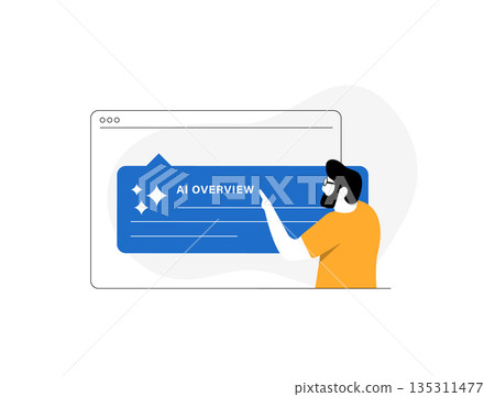 AI overview provides instant generative summary at search top with key insights information links exploration artificial intelligence technology concept. AI overview isolated vector illustration 135311477