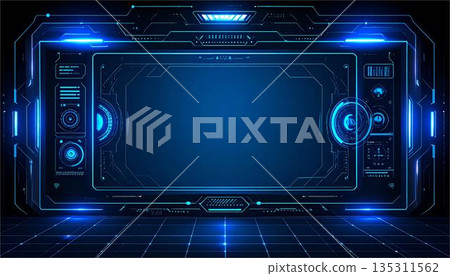 Futuristic computer interface and electronic circuit background. Blue digital screen with copy space in the center 135311562