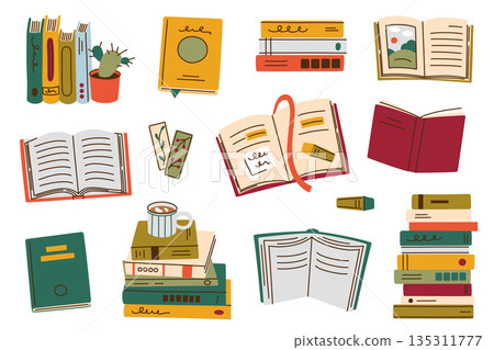 Set of book doodles for reading and study, vector flat cartoon illustration collection in cozy style. Open books, stacks and shelves for hobby, self time and interior themes, education, libraries Set of book doodles for reading and study, vector flat cartoon illustration collection in cozy style. Open books, stacks and shelves for hobby, self time and interior themes, education, libraries 135311777