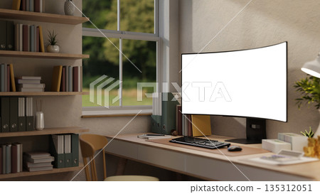 Blank screen computer with calculator, gold coin stacks and lamp on wooden table in a bedroom or living room. Blank screen computer with calculator, gold coin stacks and lamp on wooden table in a bedroom or living room. 135312051