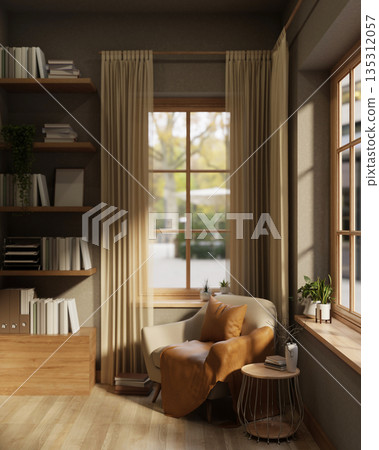 A leather sofa armchair aside bookshelf in a living room or library with sunlight through windows. 135312057