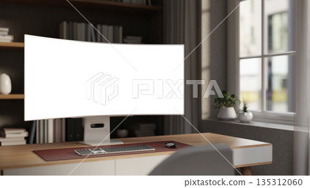 White screen computer with coffee and calendar aside lamp on wooden table in a working or study room White screen computer with coffee and calendar aside lamp on wooden table in a working or study room 135312060