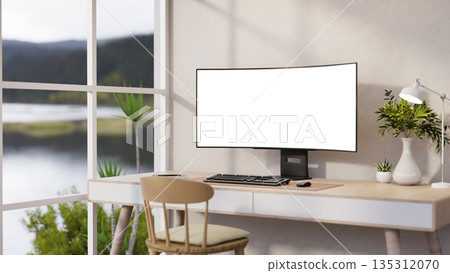 Blank curve screen computer with vase and reading lamp on table with wooden chair in glass wall room Blank curve screen computer with vase and reading lamp on table with wooden chair in glass wall room 135312070