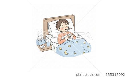 一個男孩因感冒而臥床不起。 135312092