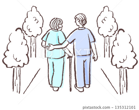 Illustration of a senior walking with care staff and assistance from the rear 135312101