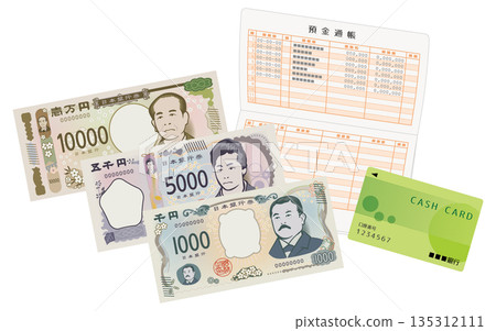 打開的存摺、銀行卡和新鈔的插圖 打開的存摺、銀行卡和新鈔的插圖 135312111