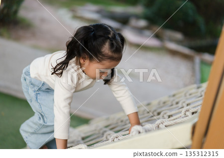 happy child girl playing with climbing ropes net at outdoor playground happy child girl playing with climbing ropes net at outdoor playground 135312315