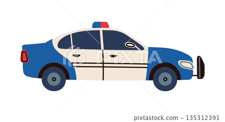 Cartoon police car for urban transport theme, vector flat cartoon illustration in friendly style. City service vehicle for kids education, traffic safety, apps, learning materials and city scenes Cartoon police car for urban transport theme, vector flat cartoon illustration in friendly style. City service vehicle for kids education, traffic safety, apps, learning materials and city scenes 135312391