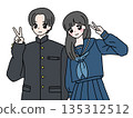 Illustration of male and female students wearing uniforms making peace signs Student image 135312512