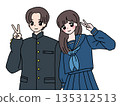 Illustration of male and female students wearing uniforms making peace signs Student image 135312513