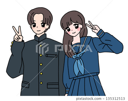 Illustration of male and female students wearing uniforms making peace signs Student image Illustration of male and female students wearing uniforms making peace signs Student image 135312513