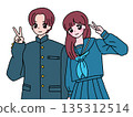 Illustration of male and female students wearing uniforms making peace signs Student image Retro color 135312514