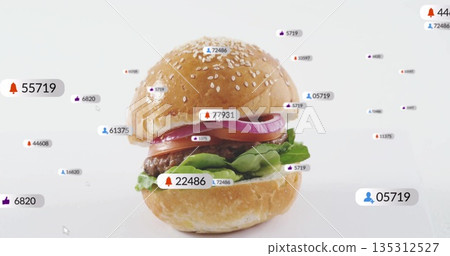 Showing sesame seed hamburger on white surface, surrounded by floating red, purple and blue alerts 135312527