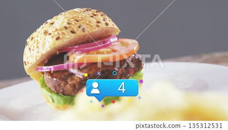 Burger featuring sesame seed bun, beef patty and vegetables in kitchen, with digital overlay icon Burger featuring sesame seed bun, beef patty and vegetables in kitchen, with digital overlay icon 135312531