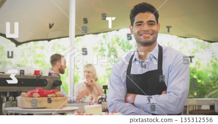Smiling barista wearing apron greeting couple at cafe patio, with espresso machine, copy space Smiling barista wearing apron greeting couple at cafe patio, with espresso machine, copy space 135312556