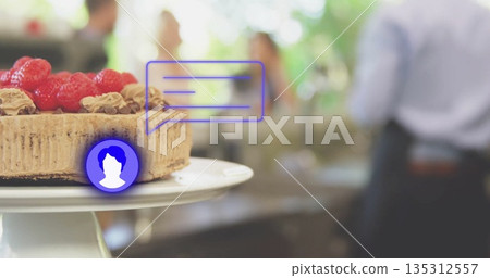 Showing layered cake topped with raspberries sitting on stand at cafe with overlay, copy space 135312557