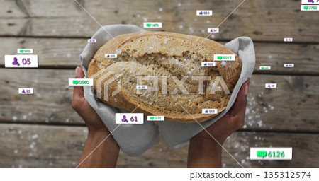 Presenting male hands holding loaf wrapped in cloth above rustic table, with floating metric icons Presenting male hands holding loaf wrapped in cloth above rustic table, with floating metric icons 135312574