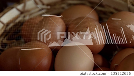 Presenting brown and cream eggs nestling in wicker basket in kitchen, with digital graphs overlay 135312636