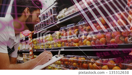 Produce inspector checking fruit packs in produce aisle, with clipboard pen, copy space Produce inspector checking fruit packs in produce aisle, with clipboard pen, copy space 135312638