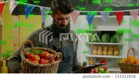Holding tomato basket vendor wearing apron inspecting clipboard at market stall, binary overlay Holding tomato basket vendor wearing apron inspecting clipboard at market stall, binary overlay 135312656