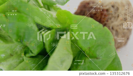 Showing spinach leaves resting on white countertop, with baked potato and hexagon pattern overlay Showing spinach leaves resting on white countertop, with baked potato and hexagon pattern overlay 135312676