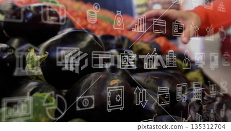 Showing purple eggplants piling at market with red tomatoes, UI icons and red sleeved hand reaching Showing purple eggplants piling at market with red tomatoes, UI icons and red sleeved hand reaching 135312704