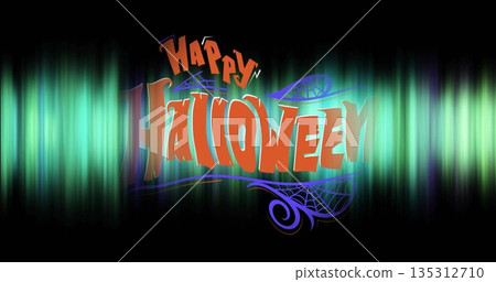 Displaying Happy Halloween greeting in graphic against green-teal bars, featuring purple spiderwebs 135312710