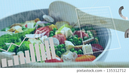 Displaying round white bowl of fresh salad resting on tabletop, with wooden spoon and data overlays 135312712