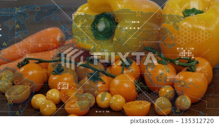 Showing yellow bell peppers and orange cherry tomatoes on vine on wooden table, with data overlays Showing yellow bell peppers and orange cherry tomatoes on vine on wooden table, with data overlays 135312720