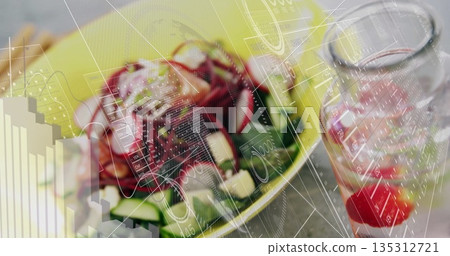 Displaying vibrant salad with cucumber slices in bowl on wooden table beside jar with data overlays Displaying vibrant salad with cucumber slices in bowl on wooden table beside jar with data overlays 135312721