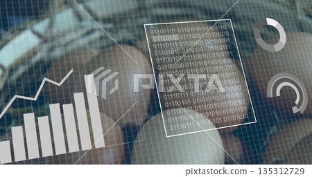 Displaying bar chart trend line, binary code panel and circular gauges on interface grid overlay Displaying bar chart trend line, binary code panel and circular gauges on interface grid overlay 135312729