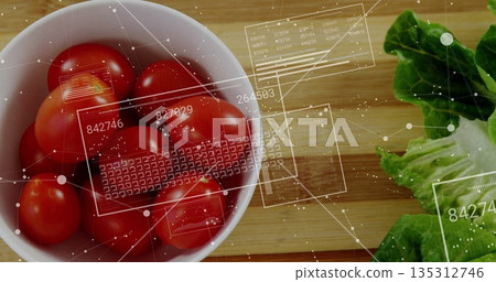 Ceramic bowl showing red tomatoes with lettuce on board in kitchen, with data overlays, copy space Ceramic bowl showing red tomatoes with lettuce on board in kitchen, with data overlays, copy space 135312746