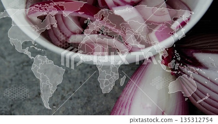 Displaying white bowl holding onion rings on grey countertop with halved onion, world map overlay 135312754