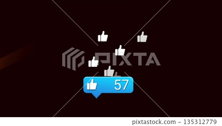 Floating blue notification bubble showing 57 likes on maroon interface with white thumbs-up icons Floating blue notification bubble showing 57 likes on maroon interface with white thumbs-up icons 135312779