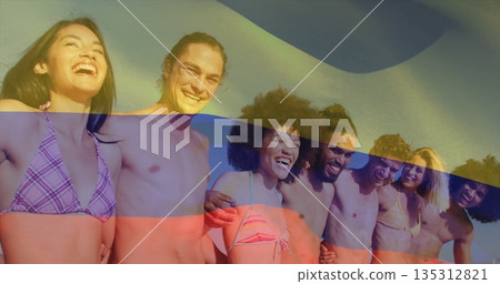 Standing eight friends linking arms at sunlit sandy lakeshore, smiling in vibrant swimwear Standing eight friends linking arms at sunlit sandy lakeshore, smiling in vibrant swimwear 135312821