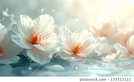 抽象的白色花朵圖片，清新怡人，令人想起初夏：柔焦植物藝術，非常適合美容和化妝品廣告。 135313122