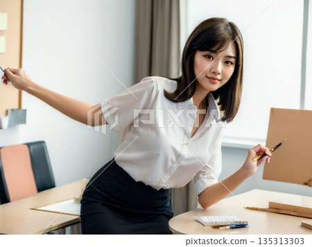 A woman giving an explanation at a desk in an office 135313303