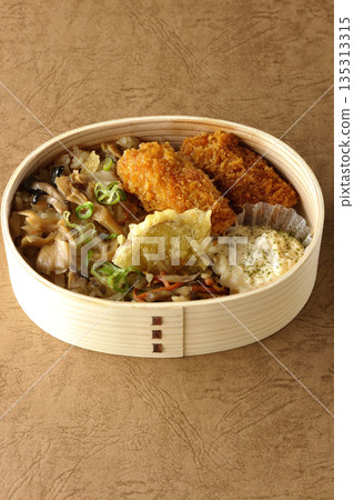Mushroom rice and fried oyster bento 135313315