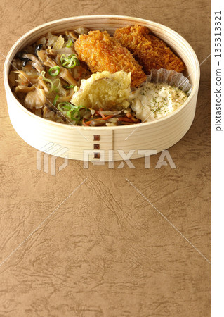 Mushroom rice and fried oyster bento 135313321
