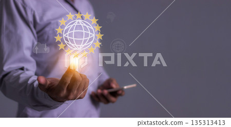 Young man hand using smartphone to Interconnect, Interconnected Concept; People connect via wireless internet in a world of digital technology and communications that connect freely around the world 135313413