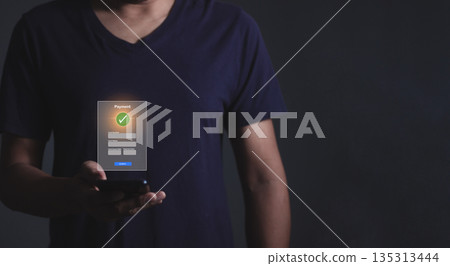 Young Man Hand Using Smartphone For Mobile Payment, Online payment, Digital, and Online shopping, Bank account phone, Mobile banking Young Man Hand Using Smartphone For Mobile Payment, Online payment, Digital, and Online shopping, Bank account phone, Mobile banking 135313444
