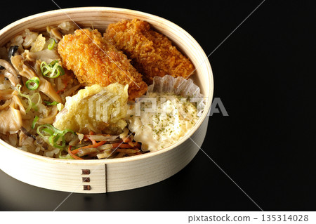 蘑菇飯和炸蠔便當,以黑色背景拍攝 蘑菇飯和炸蠔便當,以黑色背景拍攝 135314028