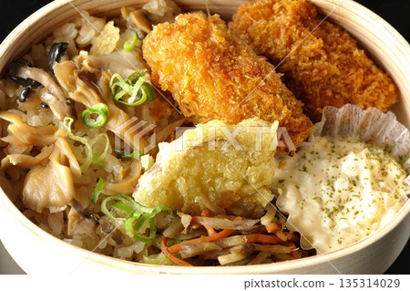 蘑菇飯和炸蠔便當,以黑色背景拍攝 蘑菇飯和炸蠔便當,以黑色背景拍攝 135314029