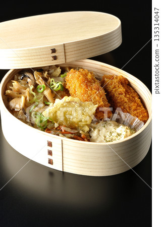 蘑菇飯和炸蠔便當,以黑色背景拍攝 蘑菇飯和炸蠔便當,以黑色背景拍攝 135314047