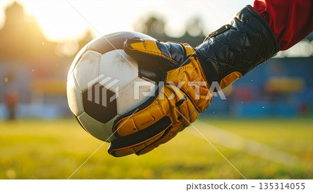 Goalkeeper catching football with professional gloves during a match at sunset, symbolizing focus, protection, responsibility, defense, trust, determination, teamwork, competitive sports 135314055