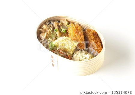 Mushroom rice and fried oyster bento photographed on a white background Mushroom rice and fried oyster bento photographed on a white background 135314078