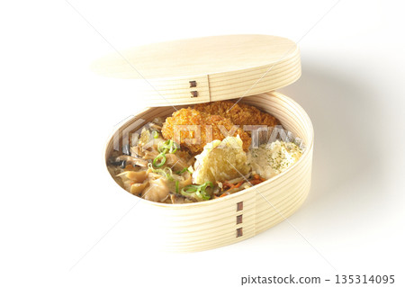 Mushroom rice and fried oyster bento photographed on a white background 135314095