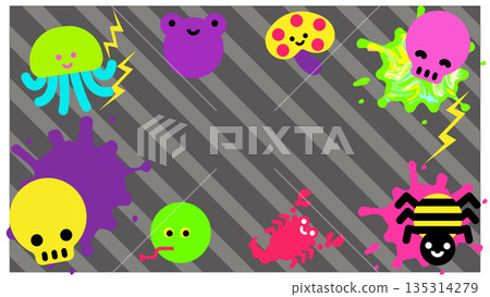 一組用有毒顏色繪製的可愛毒物角色插畫。 135314279
