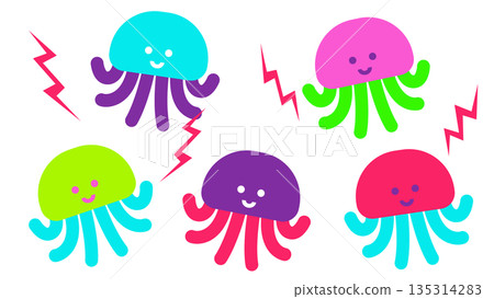 Colorful and cute poisonous jellyfish character illustration set Colorful and cute poisonous jellyfish character illustration set 135314283